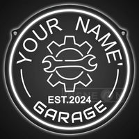 Néon garage personnalisé avec votre nom, engrenage, rond 29 cm, USB