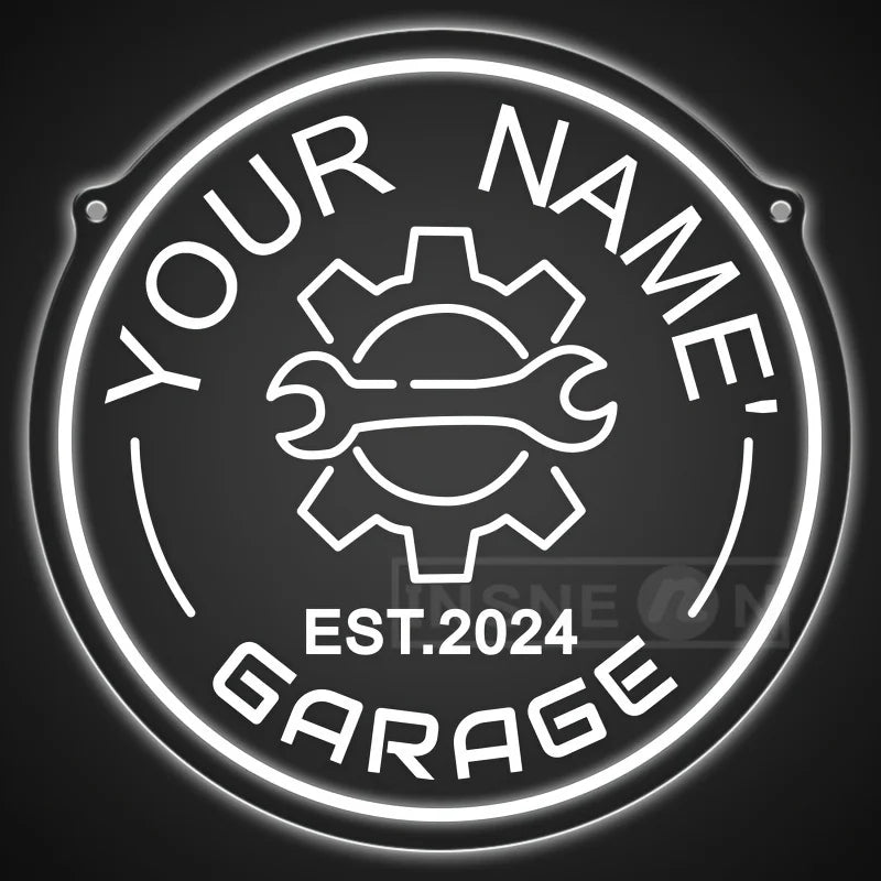 Néon garage personnalisé avec votre nom, engrenage, rond 29 cm, USB