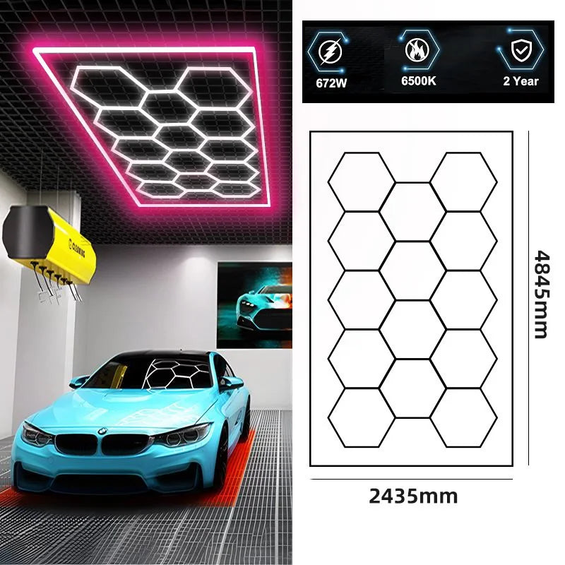 Éclairage LED hexagonal garage 14 hexagones 672 W, cadre couleur au choix