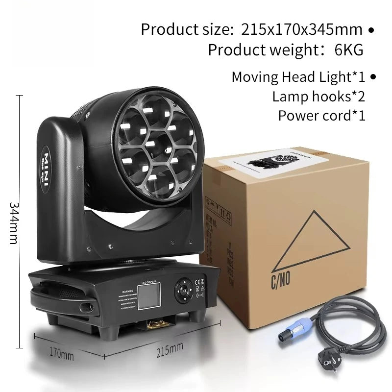 Lyres LED œil d'abeille 7 x 40 W – dimensions et accessoires fournis avec la lyre
