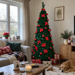 Sapin de Noël pliant pré-décoré en rouge, 150, 180 ou 210 cm, avec ou sans guirlande LED USB
