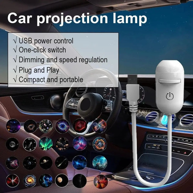 Projecteur ciel étoilé USB – lampe blanche et ses films devant un tableau de bord