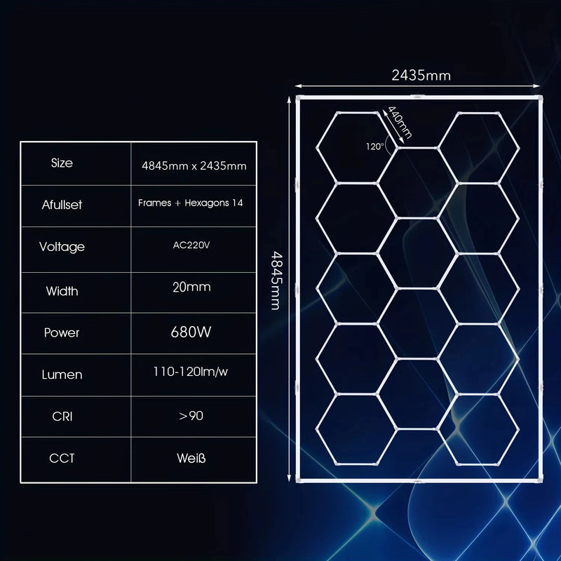 Plafonnier LED 14 hexagones – tableau des caractéristiques et schéma de 4845 x 2435 mm