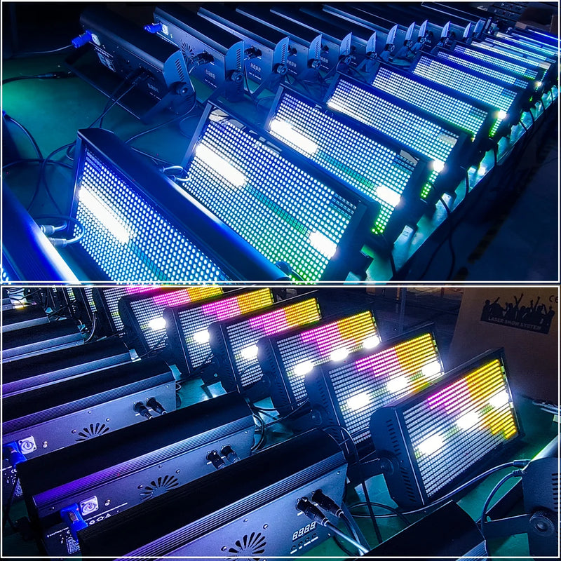 Stroboscope LED 200 W – rampe d'appareils allumés en bleu et blanc