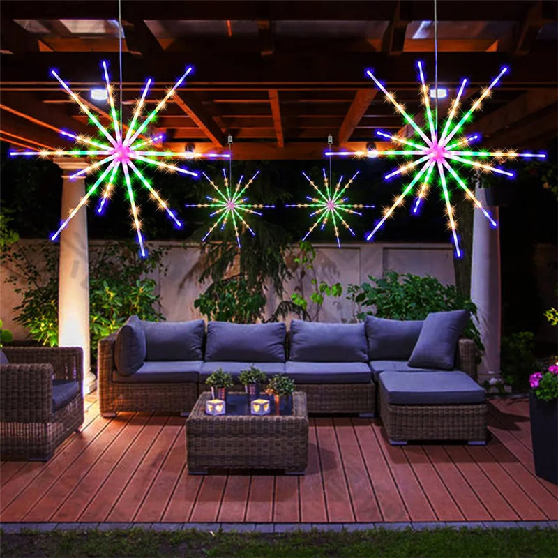 Étoile LED suspendue effet feu d'artifice – sous une pergola