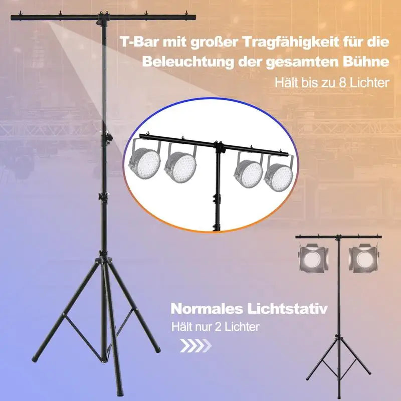 Structure truss portique DJ – barre en T pour 8 projecteurs, comparée à un pied classique pour 2 projecteurs