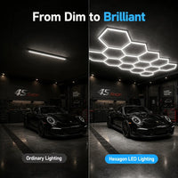 Plafonnier LED hexagonal – comparaison entre un éclairage ordinaire et le plafond hexagonal dans un garage