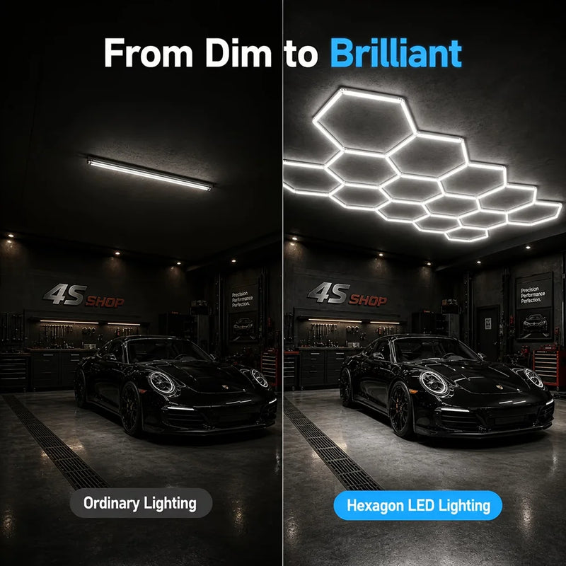 Plafonnier LED hexagonal – comparaison entre un éclairage ordinaire et le plafond hexagonal dans un garage