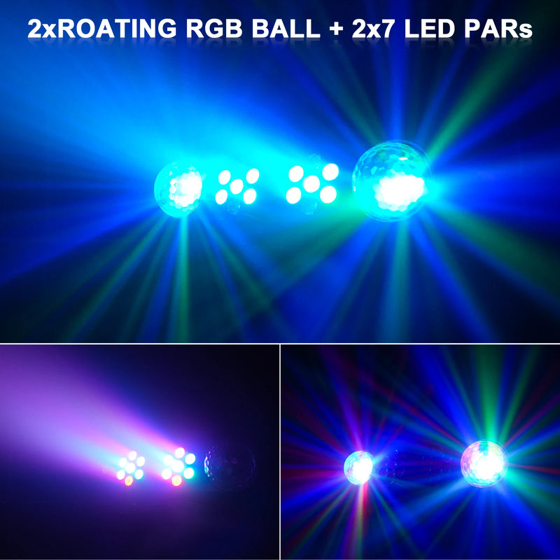 Jeu de lumière soirée à 2 boules magiques – boules rotatives RVB et deux PAR de 7 LED en action