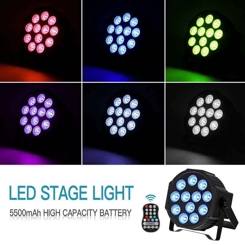 Lot de 4 projecteurs PAR LED sans fil sur batterie 5 500 mAh, 12 LED RGBW, DMX et télécommande