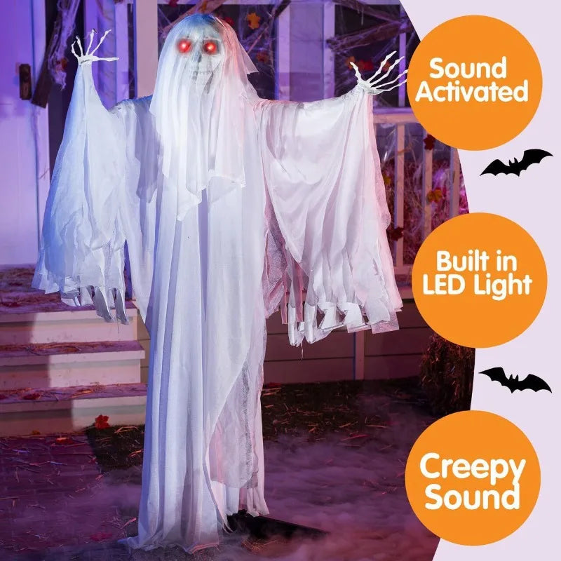 Fantôme d'Halloween oscillant 1,7 m, yeux LED rouges, sons effrayants, à piles
