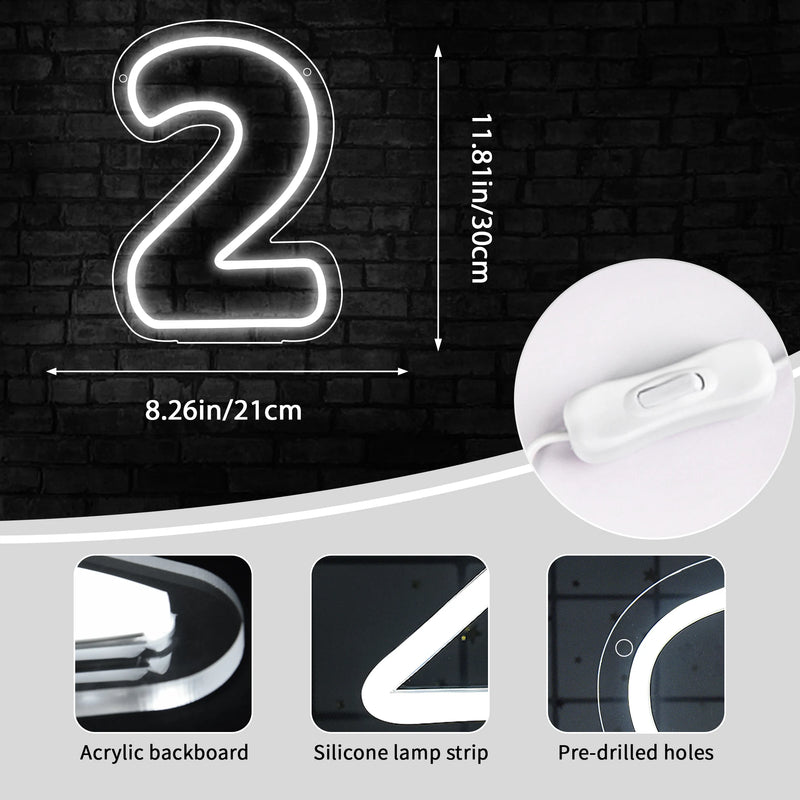 Chiffre néon LED blanc – dimensions du chiffre 2, 30 x 21 cm, interrupteur du cordon