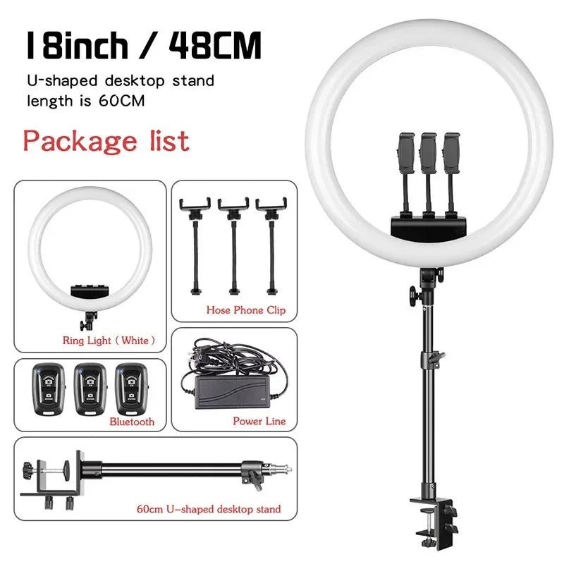 Ring light 18 pouces – anneau blanc, support de bureau en U de 60 cm, télécommandes Bluetooth et alimentation