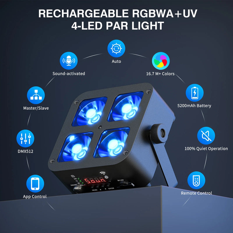 Lot de 4 uplights sans fil sur batterie 5200 mAh – projecteur rechargeable à 4 LED RGBWA UV et ses modes de commande