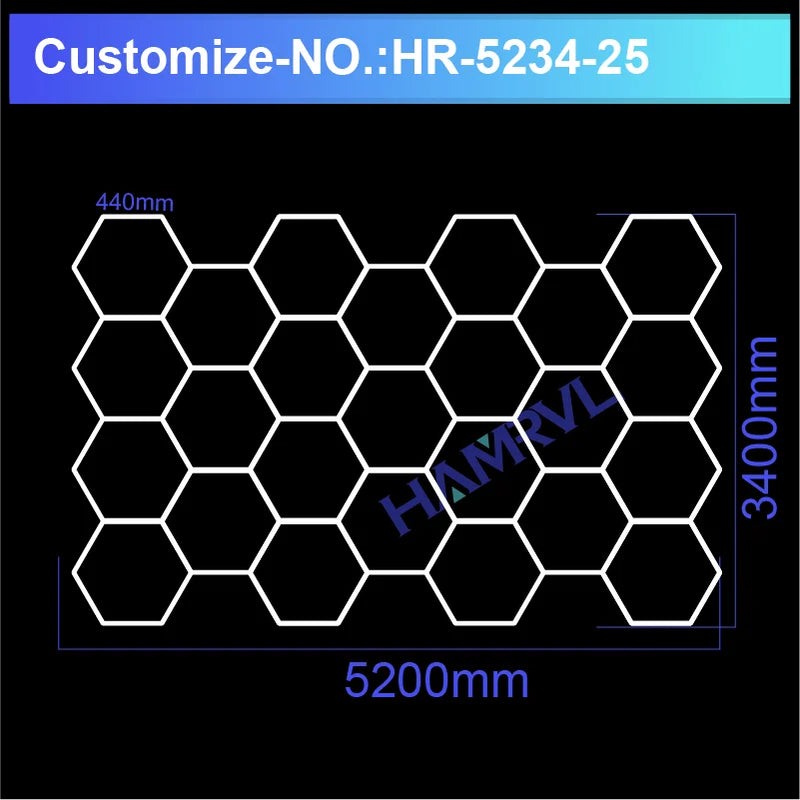 Plafonnier hexagonal LED – modèle de 25 hexagones, 520 x 340 cm