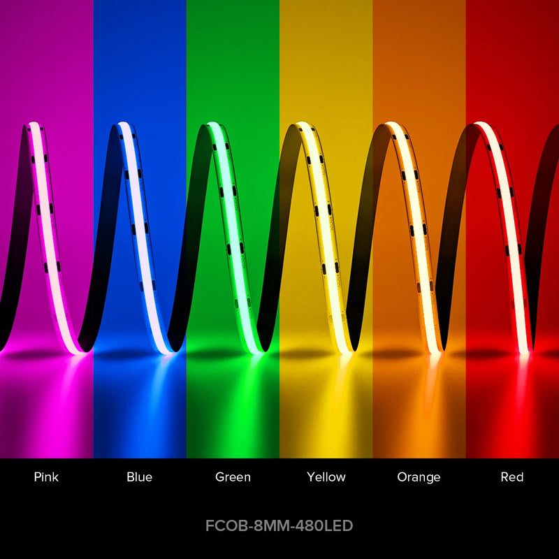 Ruban LED FCOB 480 LED/m – rose, bleu, vert, jaune, orange et rouge allumés