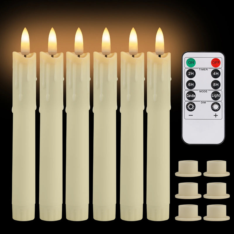 Bougies LED coniques – 6 bougies ivoire à coulures avec télécommande et 6 bases