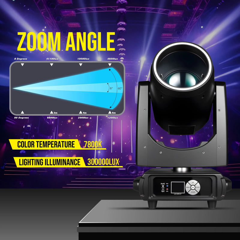 Lot de 2 lyres beam à lampe R7S 380 W, zoom 0 à 4°, 13 gobos, prismes 8 + 16 + 24, DMX 18 canaux