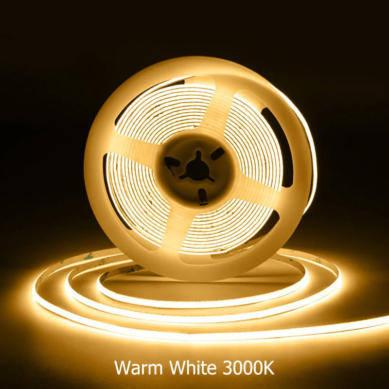 Ruban LED COB ultrafin – rouleau allumé en blanc chaud 3000 K