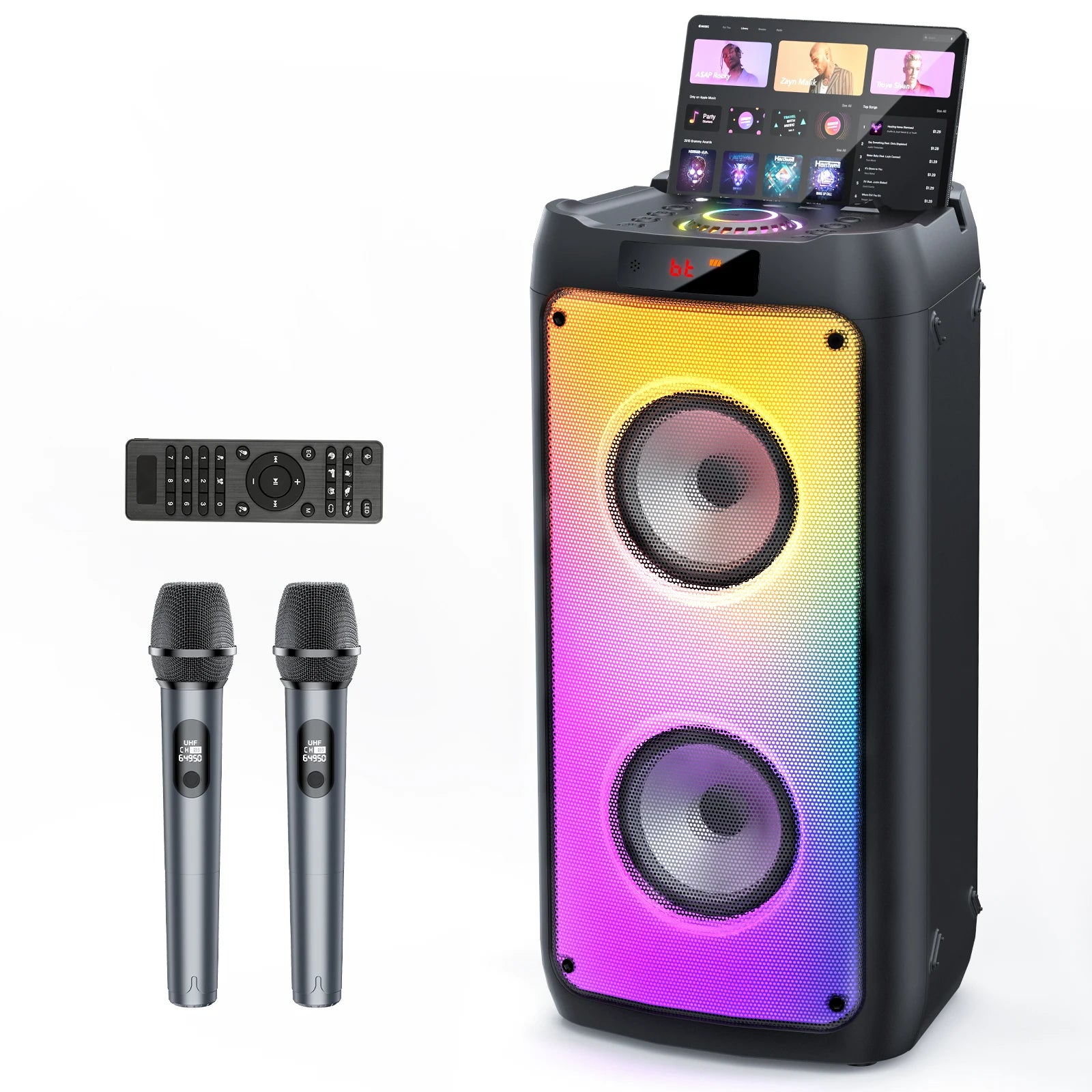 Enceinte lumineuse karaoké Bluetooth, 2 micros sans fil, lumières RGB