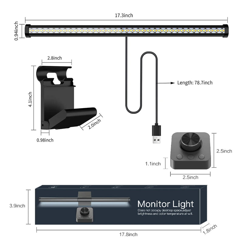 Barre lumineuse écran PC 44 ou 55 cm – dimensions de la barre, du support et du bouton de commande, câble USB de 2 m