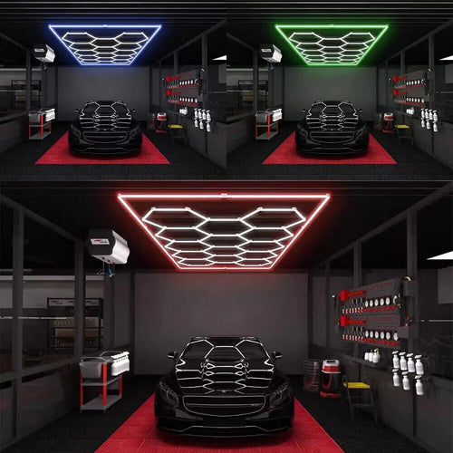 Éclairage LED hexagonal garage 14 hexagones 672 W, cadre couleur au choix