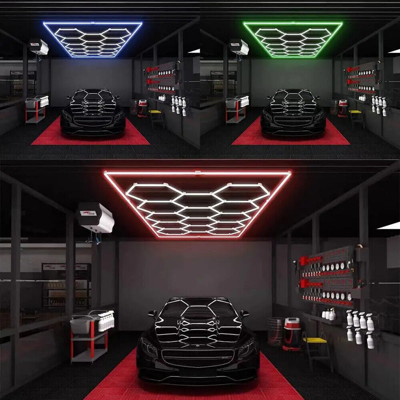 Éclairage LED hexagonal garage 14 hexagones 672 W, cadre couleur au choix