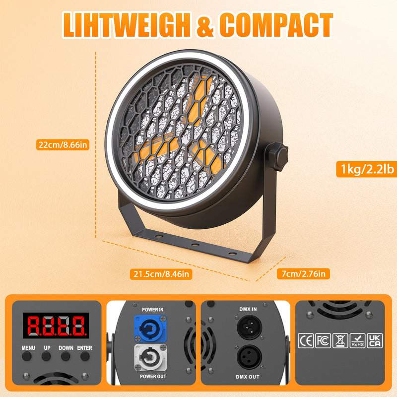 Projecteur PAR vintage à 3 LED COB dorées et 51 LED RGB, DMX, à l'unité ou en lot