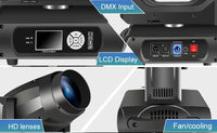 Lyre LED CMY 500 W – prises DMX, écran LCD, lentille et ventilation