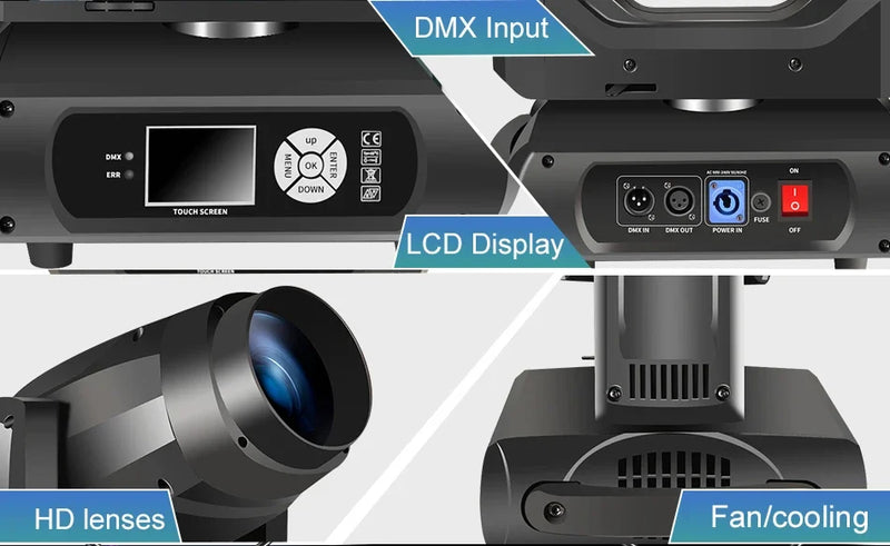 Lyre LED CMY 500 W – prises DMX, écran LCD, lentille et ventilation