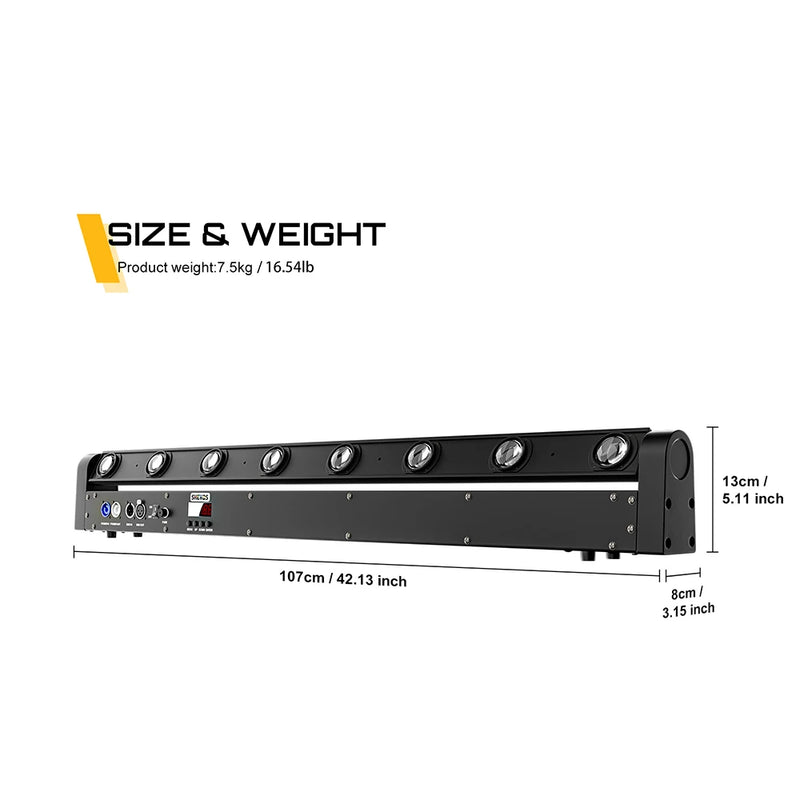 Barre LED à tête mobile 8 x 12 W RGBW, 107 cm, DMX 10 ou 38 canaux