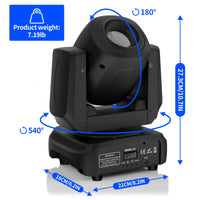 Lyre LED spot 120 W à gobos – dimensions, poids de 3,26 kg et rotations de 540° et 180°