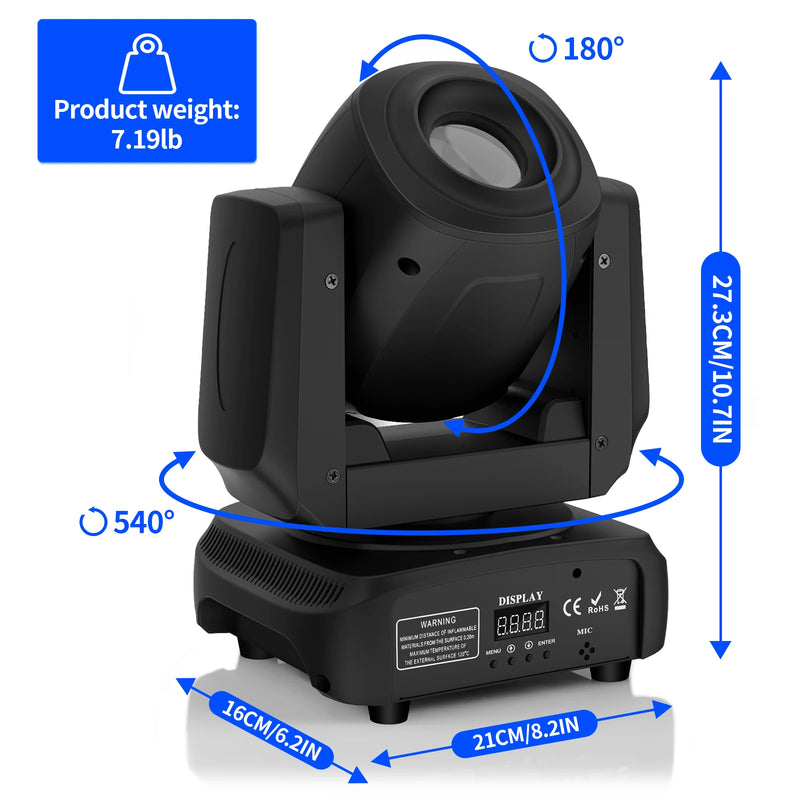 Lyre LED spot 120 W à gobos – dimensions, poids de 3,26 kg et rotations de 540° et 180°