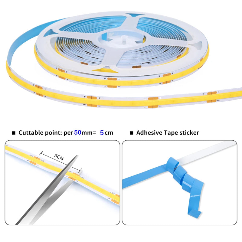 Ruban LED COB 24 V tactile – ruban sur bobine, découpe tous les 5 cm et adhésif double face
