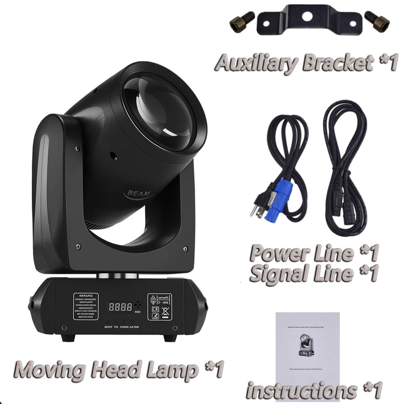 Lyre LED beam 200 W à 18 prismes – contenu du colis : lyre, support, câbles, vis et manuel
