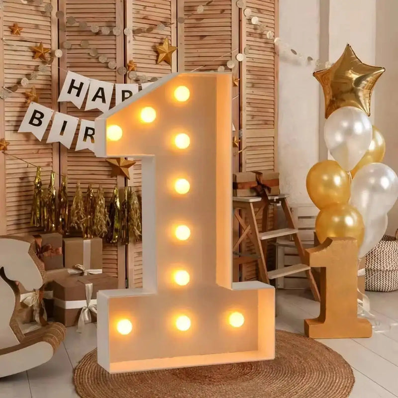 Chiffre lumineux géant – chiffre 1 avec une guirlande Happy Birthday