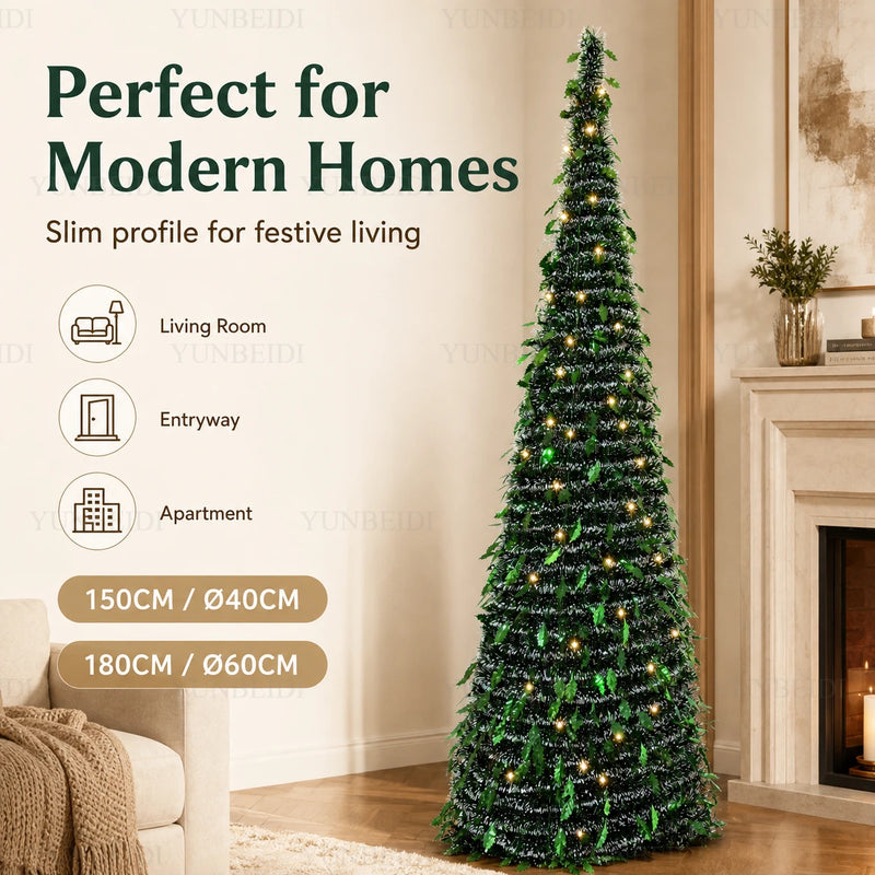 Sapin lumineux pliable télescopique à LED blanc chaud, 150 ou 180 cm