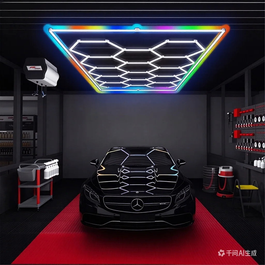 Éclairage LED hexagonal garage 14 hexagones 672 W, cadre couleur au choix