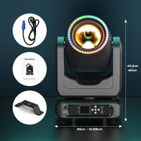 Lyre beam LED 200 W à anneau RGB, 17 gobos, prismes 8 + 16, DMX 20 canaux