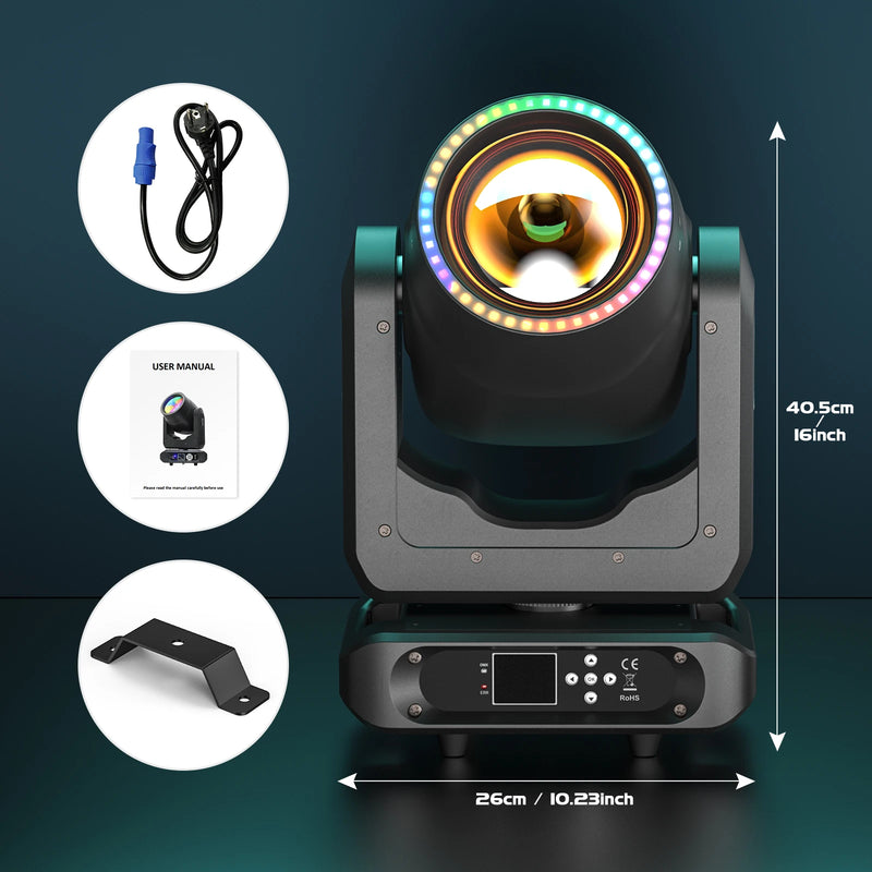 Lyre beam LED 200 W à anneau RGB, 17 gobos, prismes 8 + 16, DMX 20 canaux