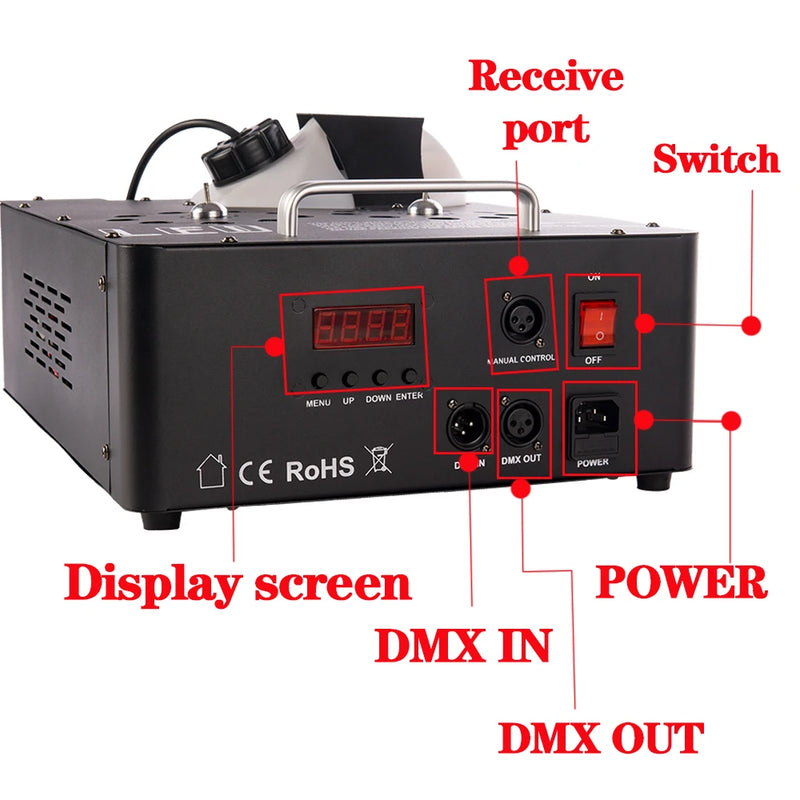 Machine à fumée 2000 W à double tube, DMX 13 canaux, LED RGB et télécommande sans fil
