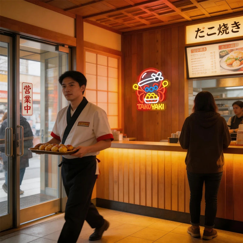 Néon takoyaki – enseigne accrochée au comptoir d'un restaurant japonais