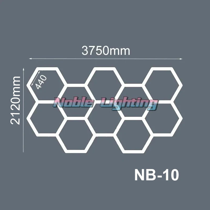 Plafonnier LED hexagonal – schéma du format 10 hexagones, 375 x 212 cm