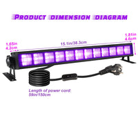 Barre lumière noire UV 40 LED – dimensions 38,3 x 4,2 x 4,6 cm et cordon de 1,5 m