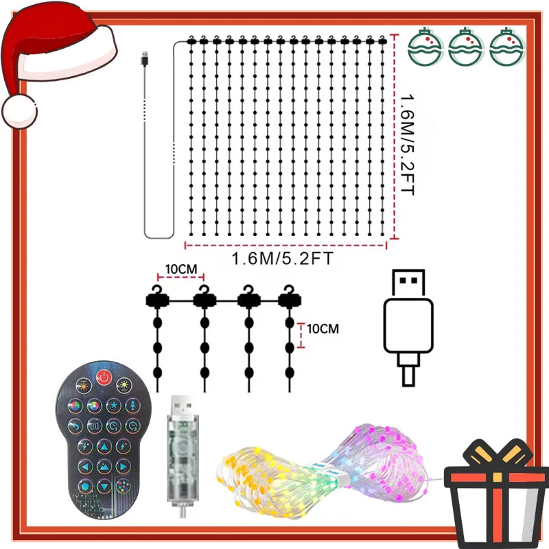 Rideau lumineux LED – schéma du format 1,6 x 1,6 m avec télécommande et contrôleur USB