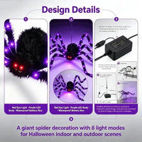 Araignée géante lumineuse – détails du corps, des yeux rouges et du boîtier à piles