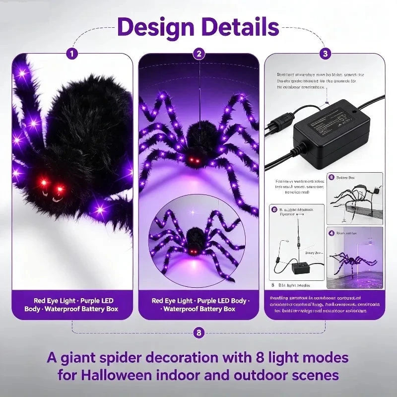 Araignée géante lumineuse – détails du corps, des yeux rouges et du boîtier à piles