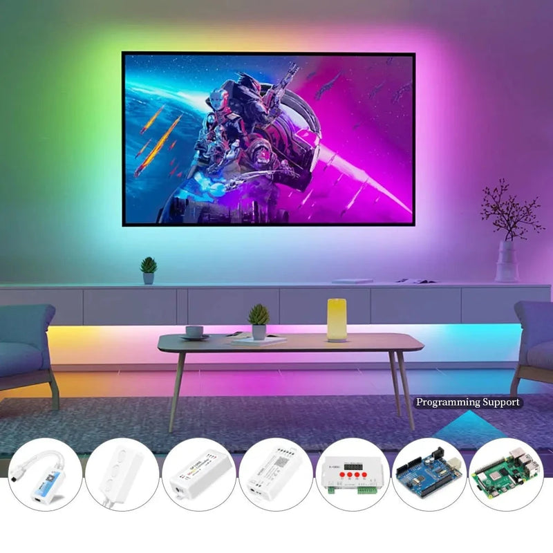 Ruban LED COB RGBIC – derrière un meuble TV, avec des exemples de contrôleurs compatibles
