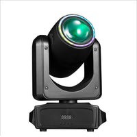 Mini lyre LED beam 180 W – vue de face, anneau RGB vert et rose