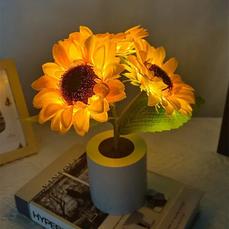 Veilleuse LED tournesol rechargeable USB, 3 fleurs lumineuses en pot, 26 cm